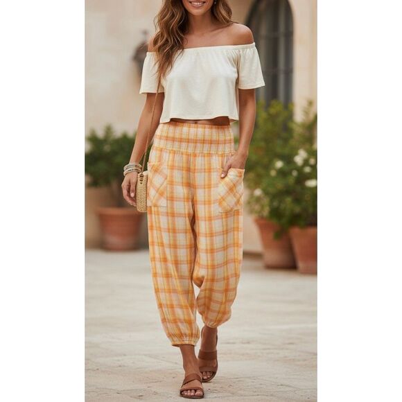 Free People Intimately Wide Leg Plaid Cotton Pants Yellow Combo Size S - Picture 1 of 7